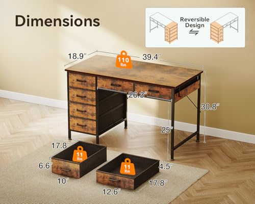 Computer Desk with 6 Drawers, 40 Inch Small Desk with Storage L2851