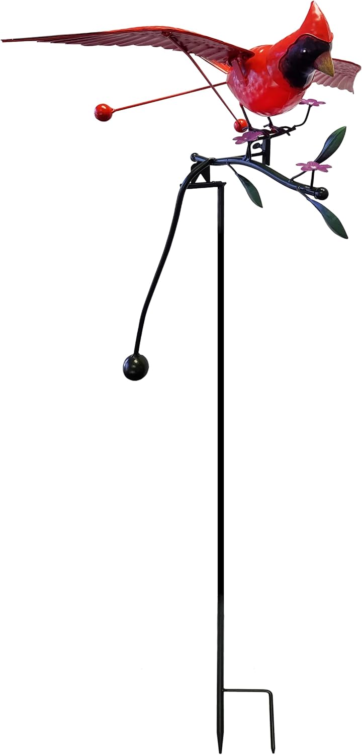 Outdoor Metal Red Cardinal Bird on a Flower Branch, Rustic Balancer Garden Stake Kinetic Wind Sculpture, Outdoor Yard Art Decoration