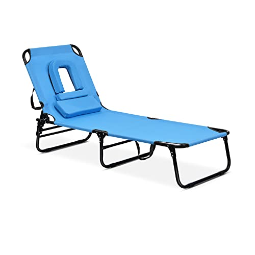 Giantex Chaise Dawndior Folding Chair Adjustable Beach Patio Lounge Recliner, Blue