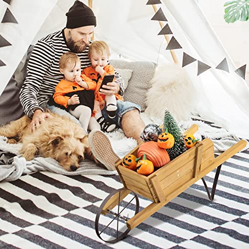 Wood Wagon Planter with Wheelbarrow Cart, Indoor Outdoor Raised Bed X798347