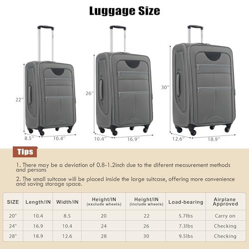 Softside 3-Piece Expandable Luggage Set with TSA Lock Spinner Wheels S375