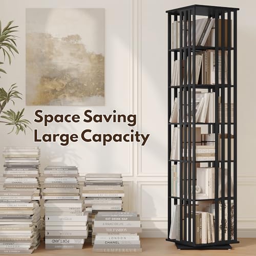 Rotating Bookshelf Tower, 360 Spinning Bamboo Bookcase, 6 Tier Floor Standing Storage Rack U3081