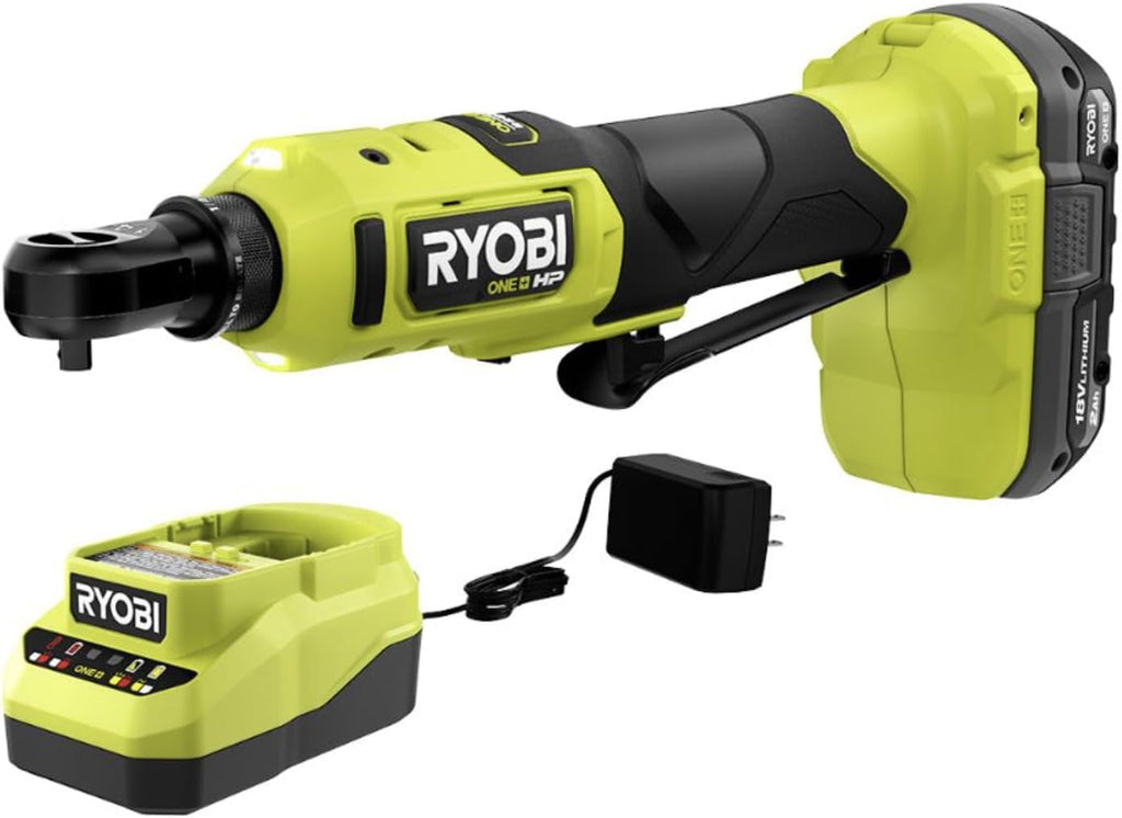 Ryobi One+ HP 18V 1/4" Brushless Cordless Compact Electric Ratchet Kit with 2.0Ah Lithium Battery and Charger, 4-Position Rotating Head, and Up to 460 RPM