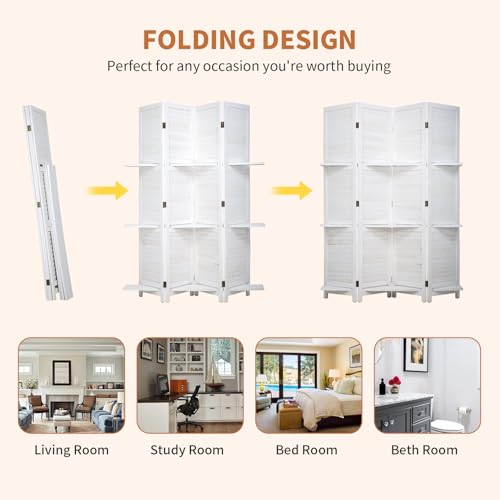 Room Divider 4 Panel Folding Wood 5.6 Ft Tall Privacy Screen with Three Shelves Y8638