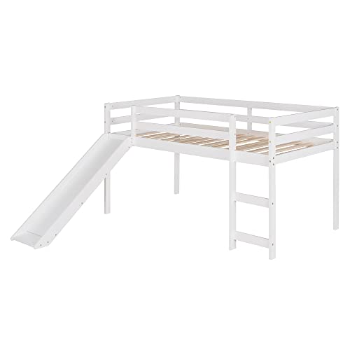Wood House Loft Bed Frame with Slide and Storage Shelves Z806