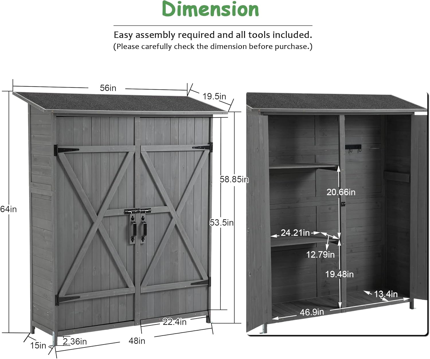 Outdoor Storage Shed, Wood Garden Cabinet with 2 Lockable Doors and Shelves E220316