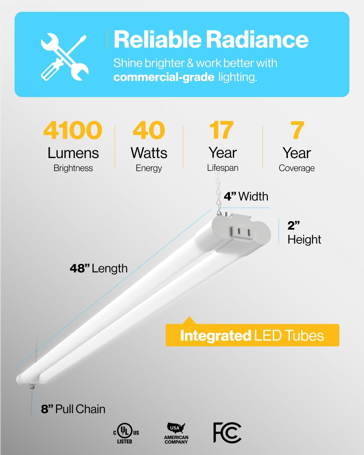 LED Hanging Garage Shop Light 4FT, Plug-in Linkable, 5000K Daylight J373319