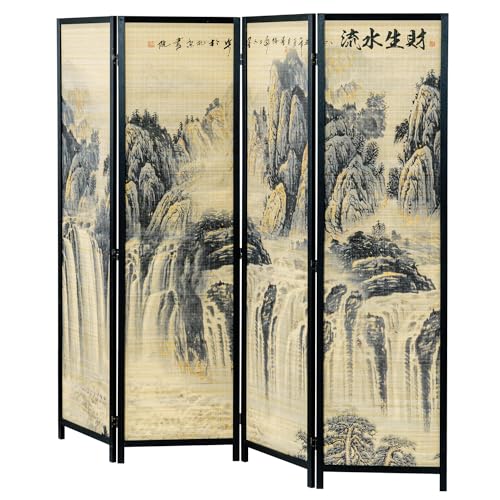 4-Panel Folding Bamboo Room Divider with Cherry Blossom Scene B61114