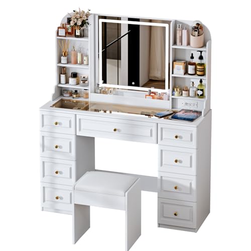Makeup Vanity Desk with Mirror and Lights, Glass Top, 9 Drawers M5813