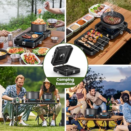 2-Burner Foldable Camping Stove with Griddle and Carrying Bag, Portable Propane H453787