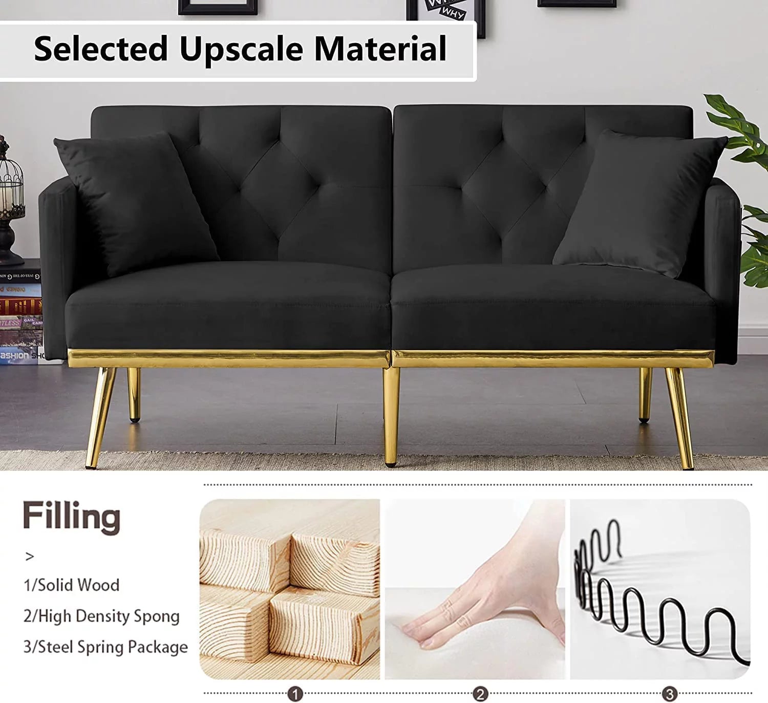 Convertible Folding Sofa Bed with 2 Pillows, Velvet Sleeper Couch for Small Spaces Y7101