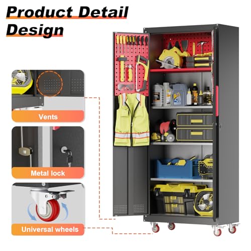 Metal Garage Storage Cabinet with 5 Adjustable Shelves and Wheels T460