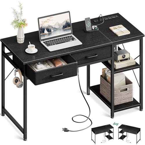 Small Computer Desk with Drawers & Power Outlet for Bedroom, Home Office M131