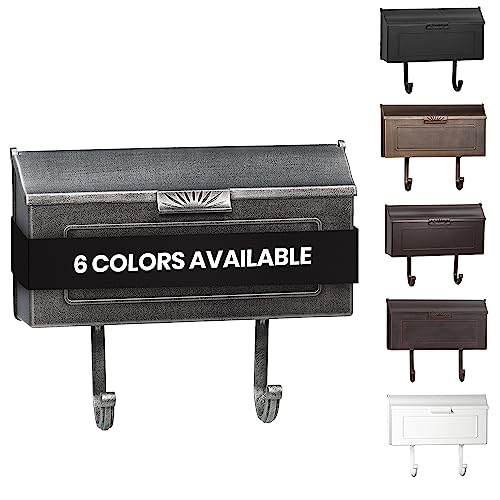 Small Cast Aluminum Metal Mailbox with Newspaper Hooks, Easy to Install Wall Mount, Heavy Duty, Rustproof Paint, Horizontal Mail Box for Outside House Porch - 16” x 4.25” x 8.25” (Antique Bronze)