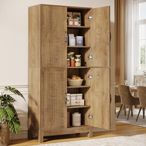 Tribesigns 70" Tall Kitchen Pantry Cabinet with Adjustable Shelves, Farmhouse 6-Tier Storage Cabinet with Doors and Shelves, Freestanding Bookcase for Living Room, Rustic Brown