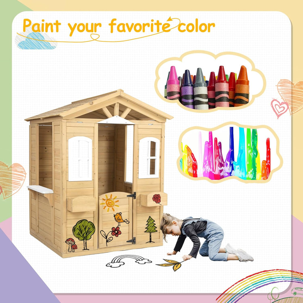 Wooden Outdoor Playhouse for Kids with Working Doors, Windows and Mailbox T237