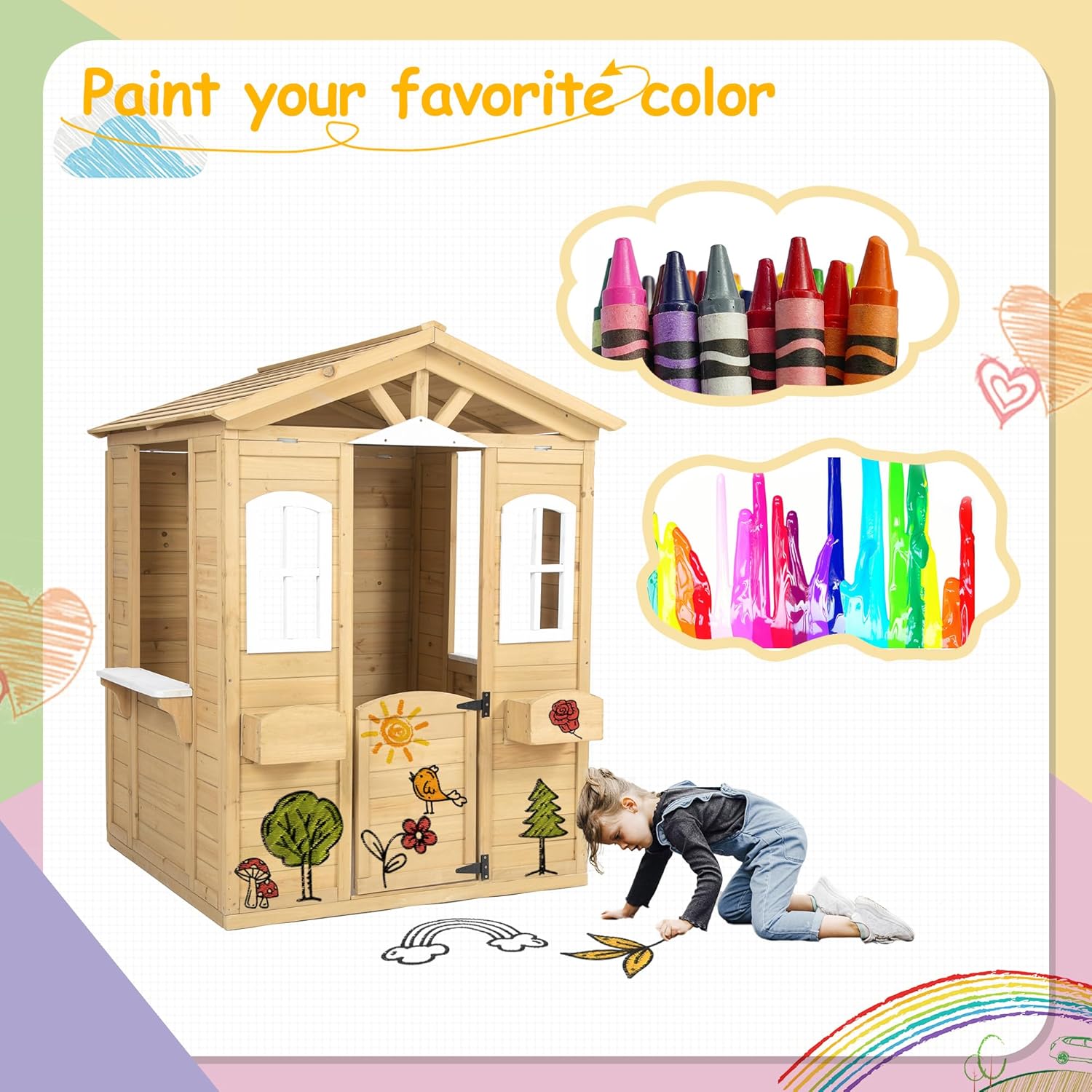 Wooden Outdoor Playhouse with Working Door and Windows F84217