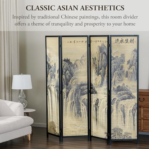 4-Panel Folding Bamboo Room Divider with Cherry Blossom Scene B61114