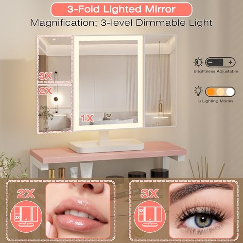 White Vanity Desk with Mirror and Lights R8919