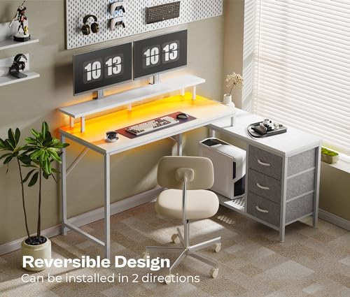 L Shaped Computer Desk with Drawers, LED Lights and Power Outlets O9269