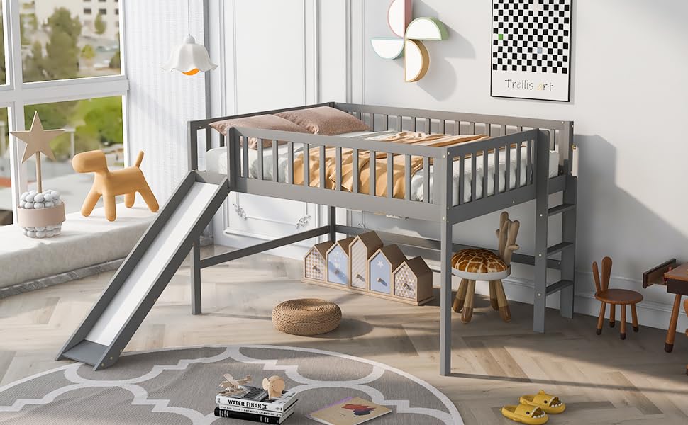 Wood House Loft Bed Frame with Slide and Storage Shelves Z806