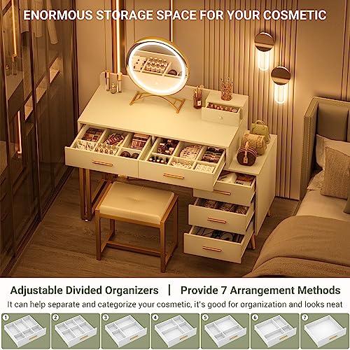 White Vanity Desk with Mirror and Lights, 6 Drawers and Stool Z334