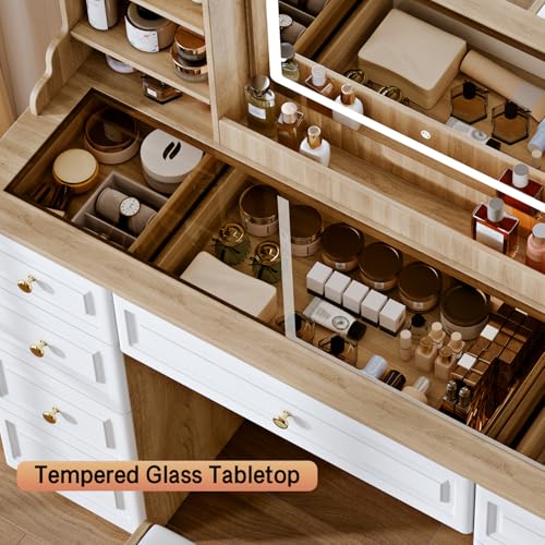 Makeup Vanity Desk with Mirror and Lights, Glass Top, 9 Drawers M5813