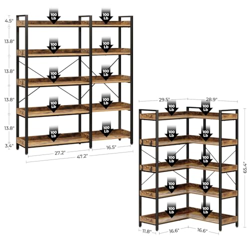 Corner Bookshelf 5-Tier with Hooks, Industrial Wooden Bookcase, Rustic Brown A796