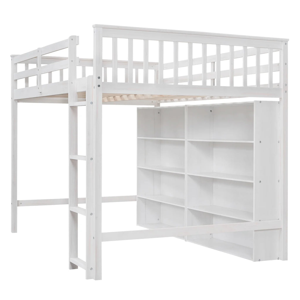 Wood Full Size Loft Bed with 8 Open Storage Shelves and Built-in Bookcase, White U209714