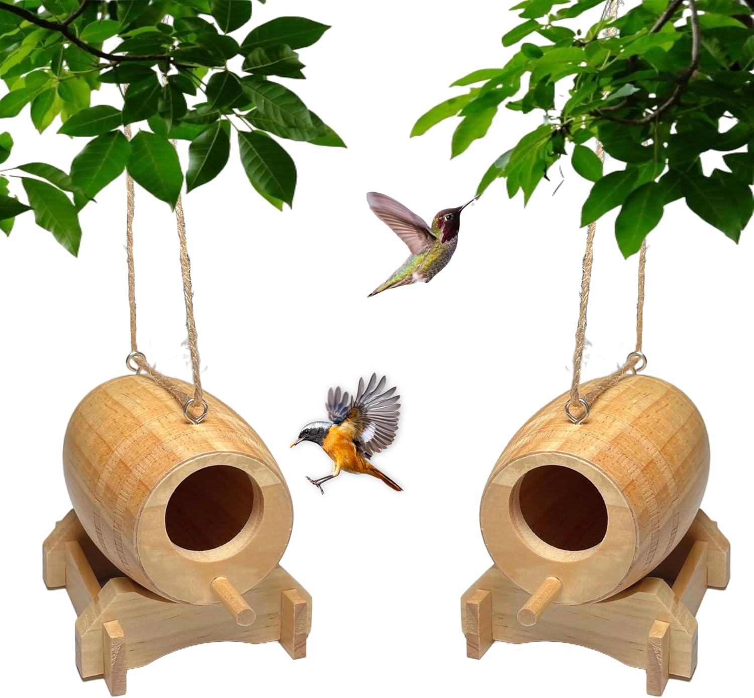 Hummingbird House for Outside Hanging, 2 Packs, Bird House for Outdoor for Nesting, Horizontally Big Space Bird Nest, Natural Wooden Hummingbird Nest