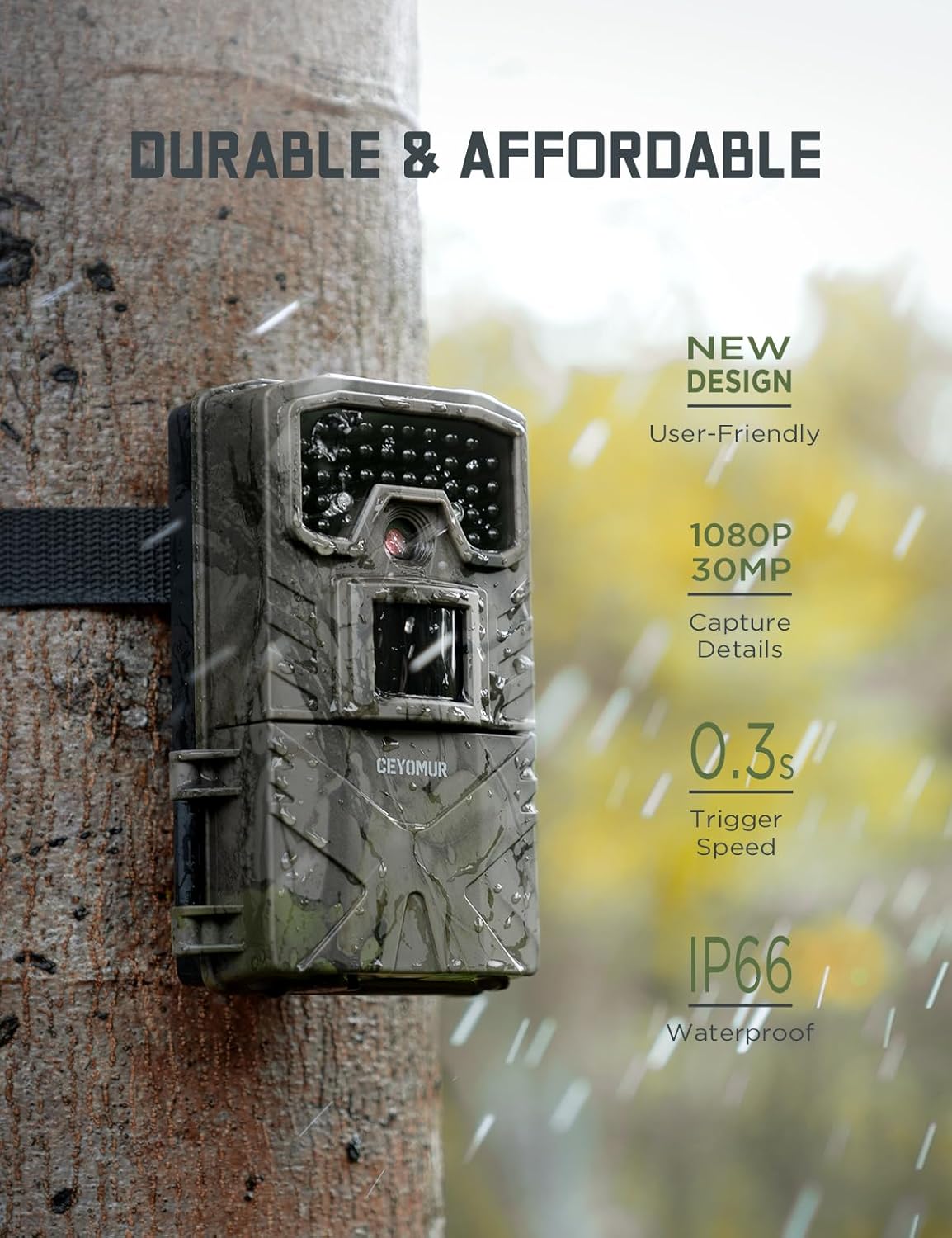 Trail Camera, 30MP 1080P, Night Vision, Motion Activated, IP66 Waterproof V49582