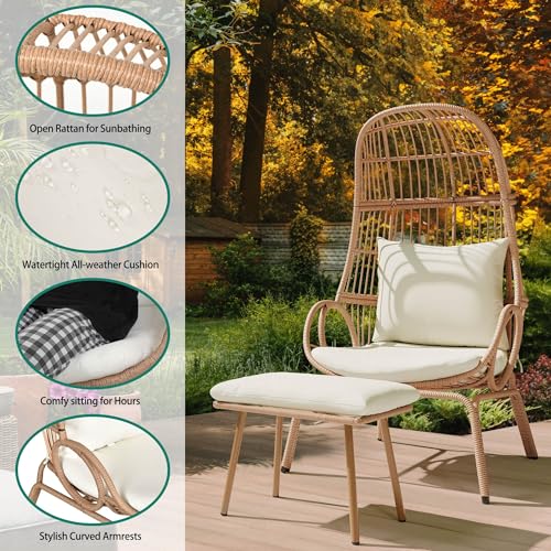 Outdoor Egg Chair with Stand and Cushion, Patio Rattan Basket Chair, Beige F352720