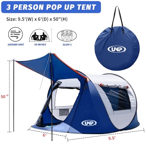 Pop-up Tent for 3 Person Camping, Portable Beach Shade with Carrying Bag P968