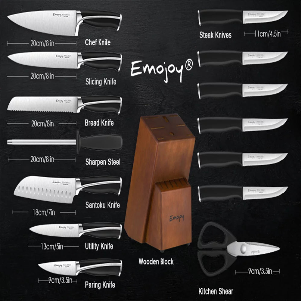 15-Piece Kitchen Knife Set with Wooden Block, Rust Proof, Black Handle I295515
