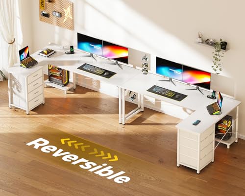 L Shaped Desk with 4 Tier Drawers, Power Outlets & USB, Corner Computer Desk with CPU Stand U4256