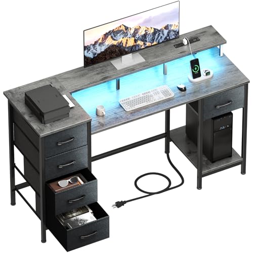 47 Inch Computer Gaming Desk with Power Outlets LED Lights and Storage Drawers I77165