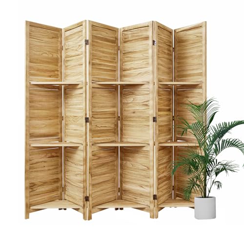 Folding Room Divider with Shelves, 6 Panels, Brown D785582