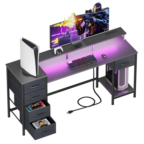 47 Inch Computer Gaming Desk with Power Outlets LED Lights and Storage Drawers I77165