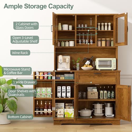 Freestanding Kitchen Pantry Cabinet with Microwave Stand, 4 Doors, Adjustable Shelves and Wine Rack C21265