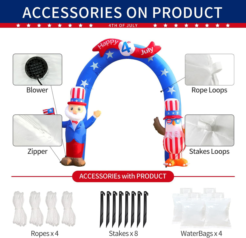 Patriotic 4th of July Inflatable Archway with LED Lights for Outdoor Yard Decor S2175