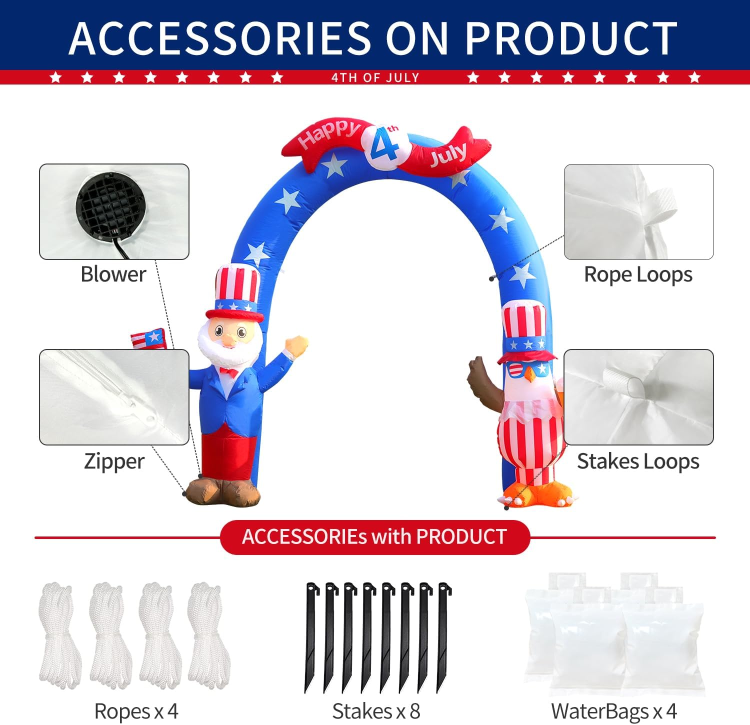 Patriotic 4th of July Inflatable Archway with LED Lights for Outdoor Yard Decor S2175