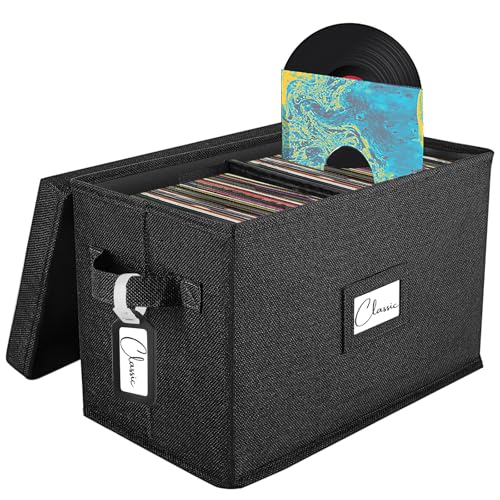 Vinyl Record Storage Box for 7"/45 RPM LPs, Grey Case with Lid Holds up to 80 Albums, CD Crate Play Music Collection Holder, Collapsible File Folder Cabinet Organizer with Handle