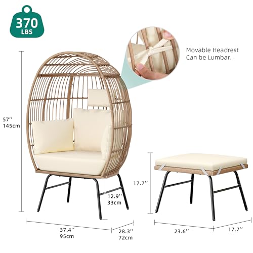 Rattan Egg Chair with Ottoman, Indoor Outdoor Wicker Chair with Footrest, 5 Cushions F541