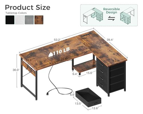 L Shaped Desk with 4 Tier Drawers, Power Outlets & USB, Corner Computer Desk with CPU Stand U4256