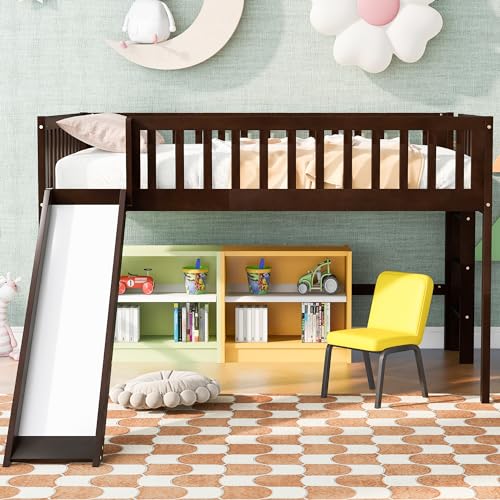 Wood House Loft Bed Frame with Slide and Storage Shelves Z806