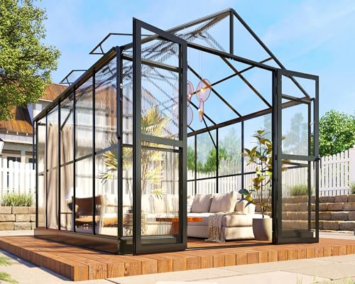 8x10x7.5 FT Greenhouse - Outdoor Aluminum Polycarbonate Greenhouse with Ventilation and Rain Gutter, Double Doors with Hook, Walk in Greenhouse for Outdoors, Backyard, Garden (Black)