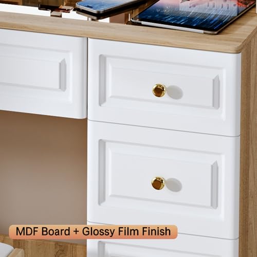 Makeup Vanity Desk with Mirror and Lights, Glass Top, 9 Drawers M5813
