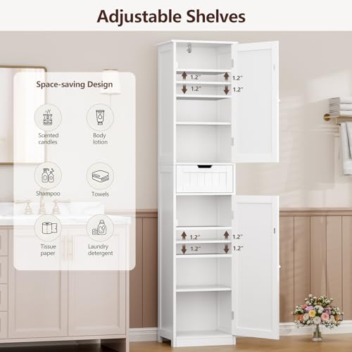 67" Tall Bathroom Cabinet with 2 Doors and 1 Drawer, Adjustable Shelves T930834