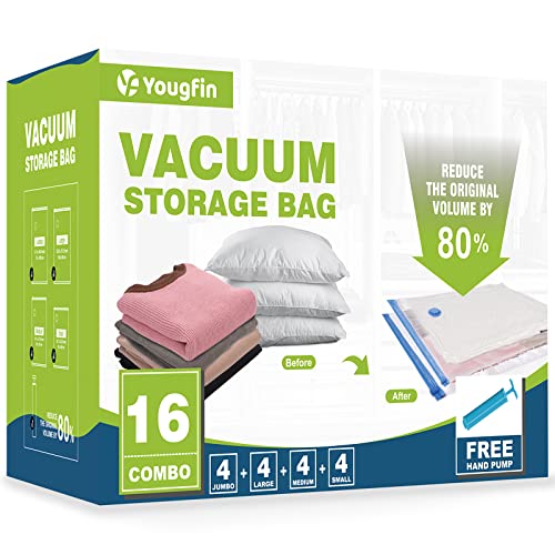 16 Pack Space Saver Vacuum Storage Bags(4 Jumbo/4 Large/4 Medium/4 Small), Vacuum Sealer Bags for Clothes, Clothing, Comforters and Blankets, Compression Storage Bags with Hand Pump