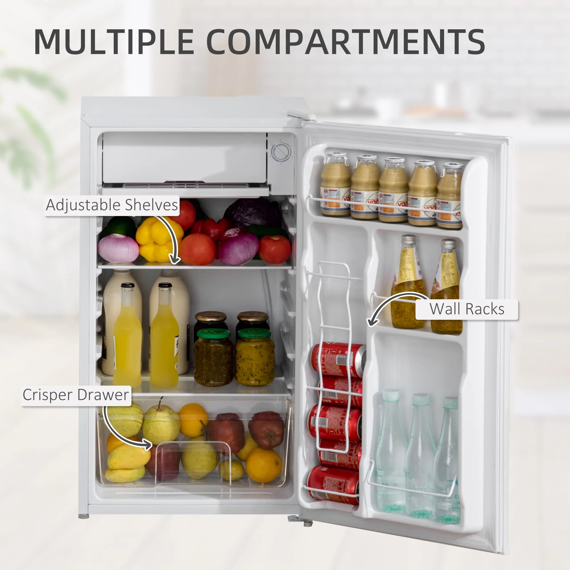 Mini Fridge with Freezer, Single Door Compact Refrigerator, Adjustable Thermostat, White K1858